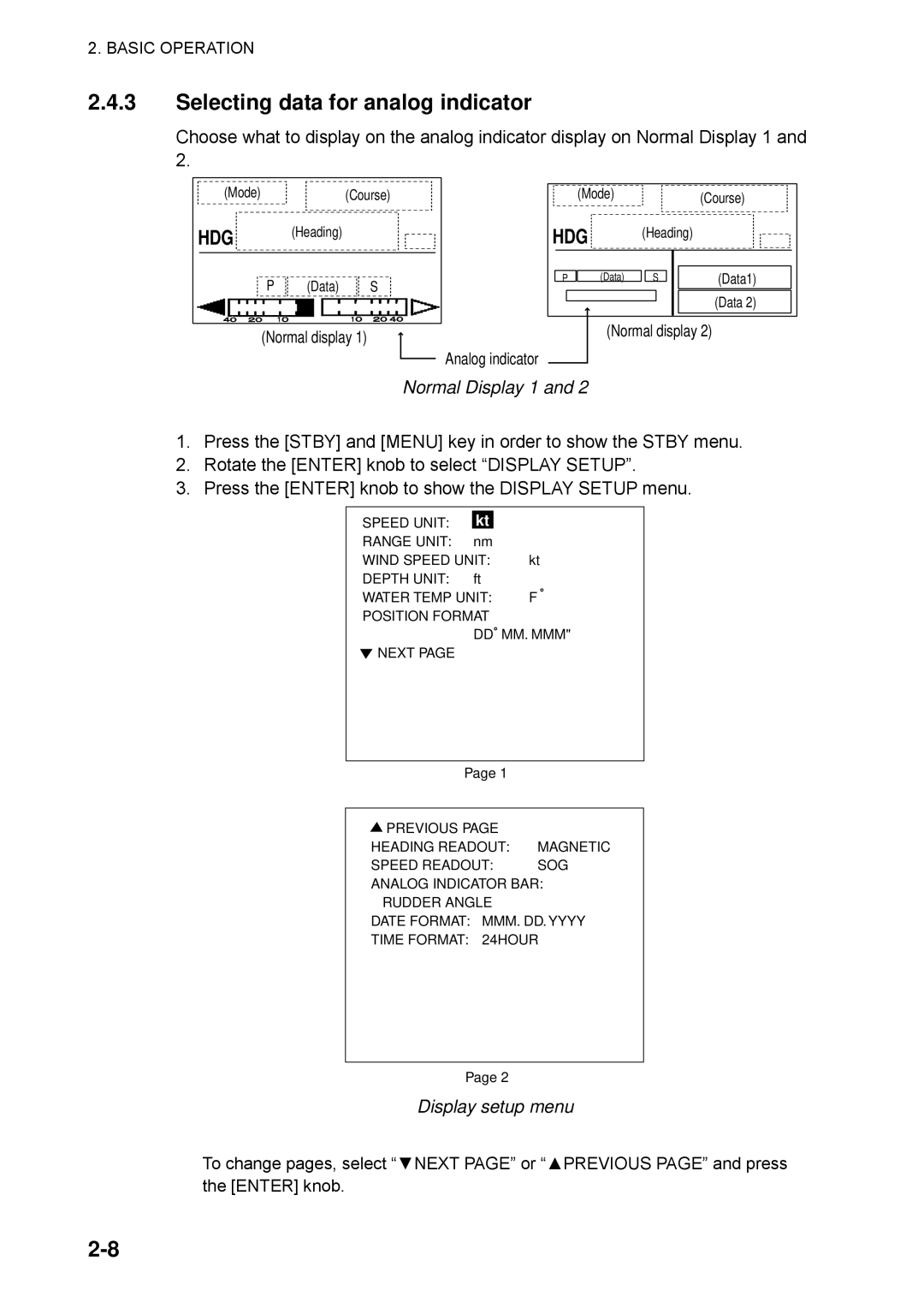 Furuno NAVpilot-500 manual Selecting data for analog indicator, Normal Display 1, Display setup menu 