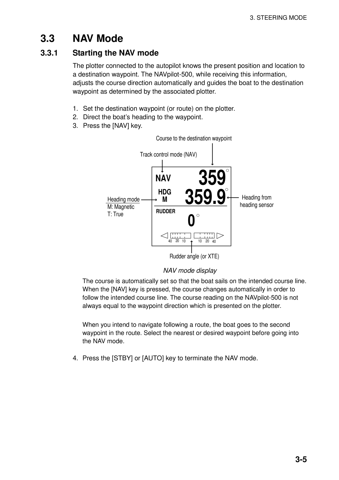 Furuno NAVpilot-500 manual NAV Mode, Starting the NAV mode, NAV mode display 