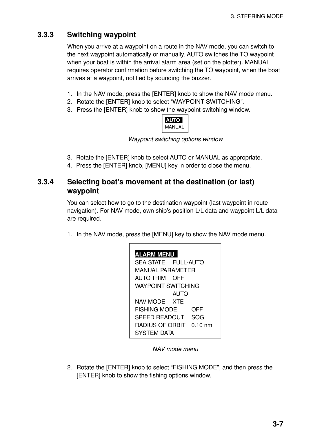 Furuno NAVpilot-500 manual Switching waypoint, Waypoint switching options window, NAV mode menu 