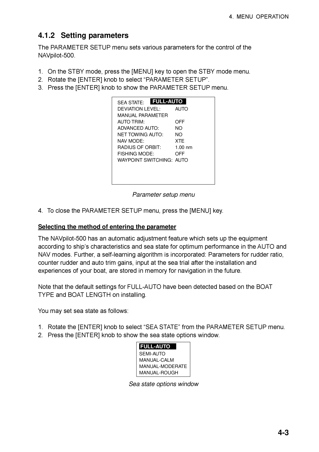 Furuno NAVpilot-500 manual Setting parameters, Parameter setup menu, Selecting the method of entering the parameter 