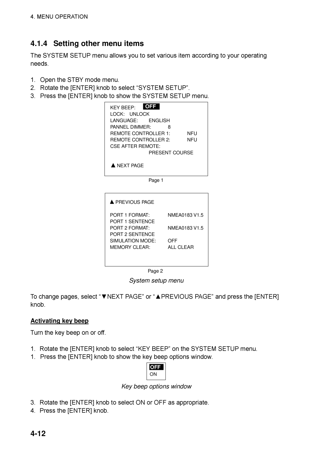 Furuno NAVpilot-500 manual Setting other menu items, Activating key beep, Key beep options window 