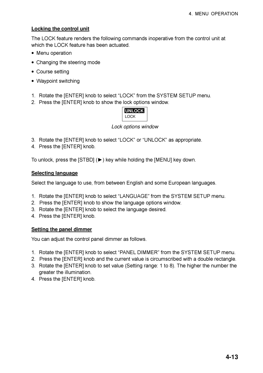 Furuno NAVpilot-500 manual Locking the control unit, Lock options window, Selecting language, Setting the panel dimmer 