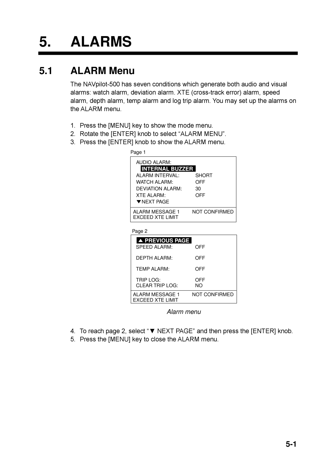 Furuno NAVpilot-500 manual Alarms, Alarm Menu, Alarm menu 