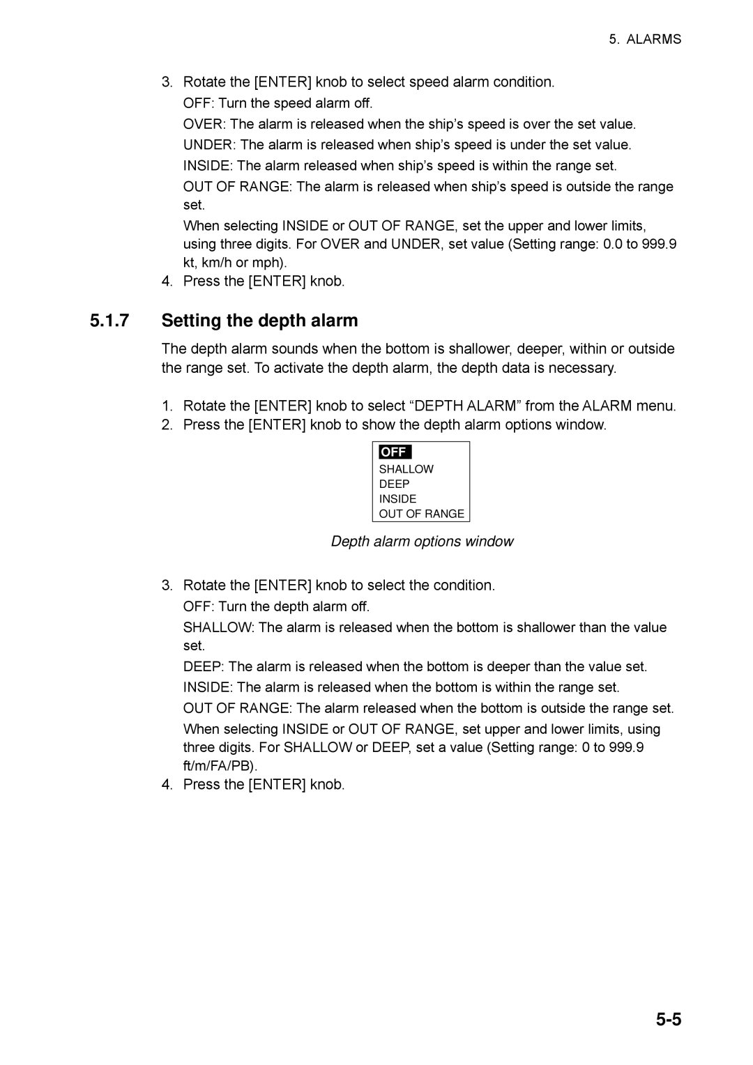 Furuno NAVpilot-500 manual Setting the depth alarm, Depth alarm options window 