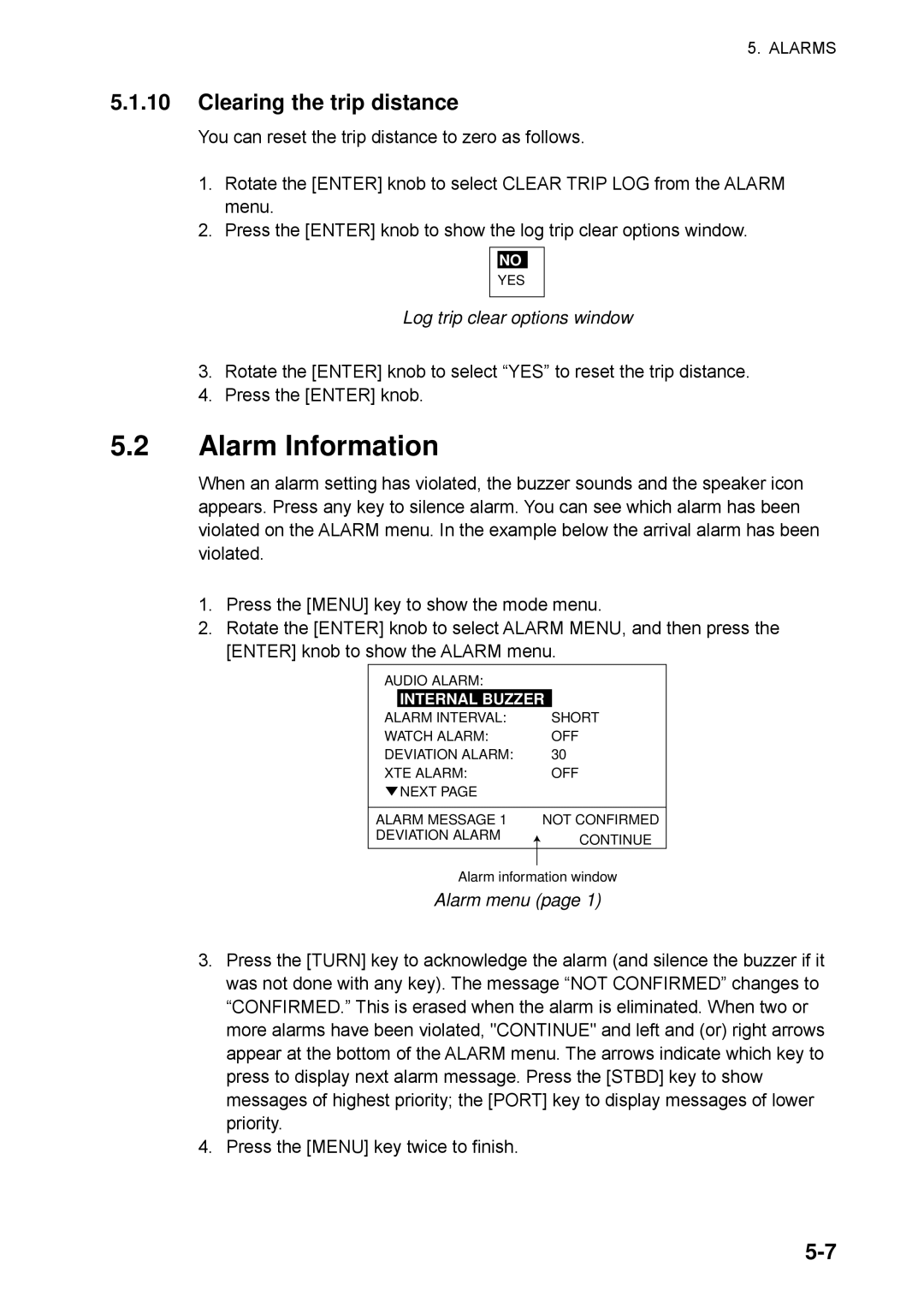 Furuno NAVpilot-500 manual Alarm Information, Clearing the trip distance, Log trip clear options window 