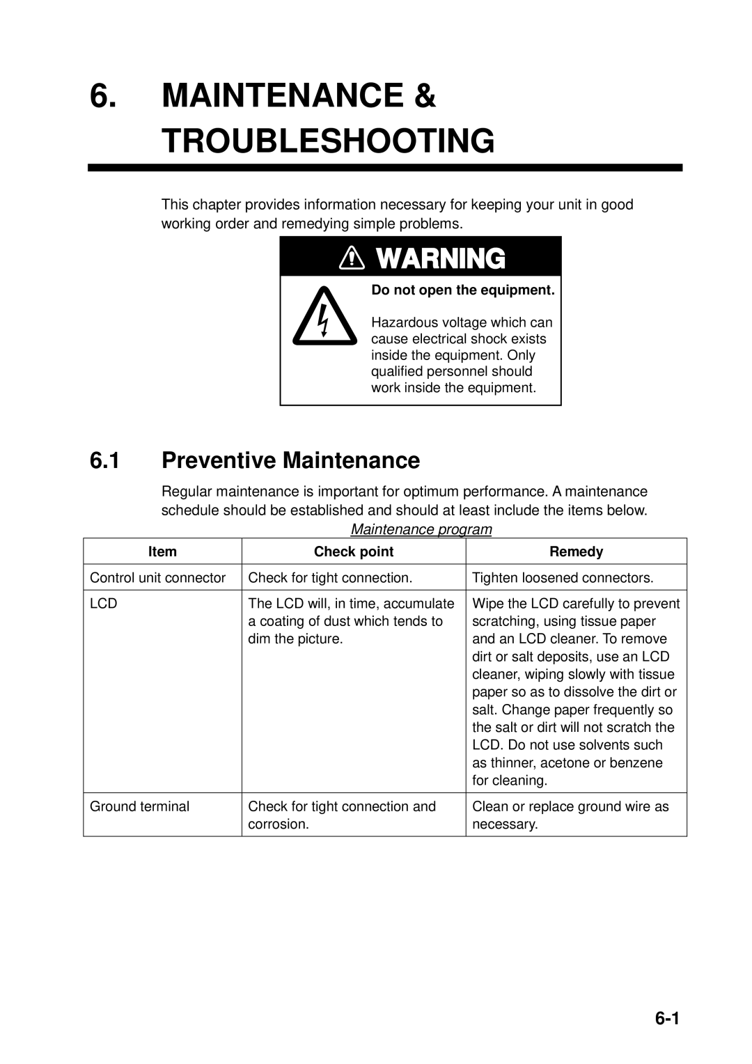 Furuno NAVpilot-500 manual Maintenance & Troubleshooting, Preventive Maintenance, Maintenance program, Check point Remedy 