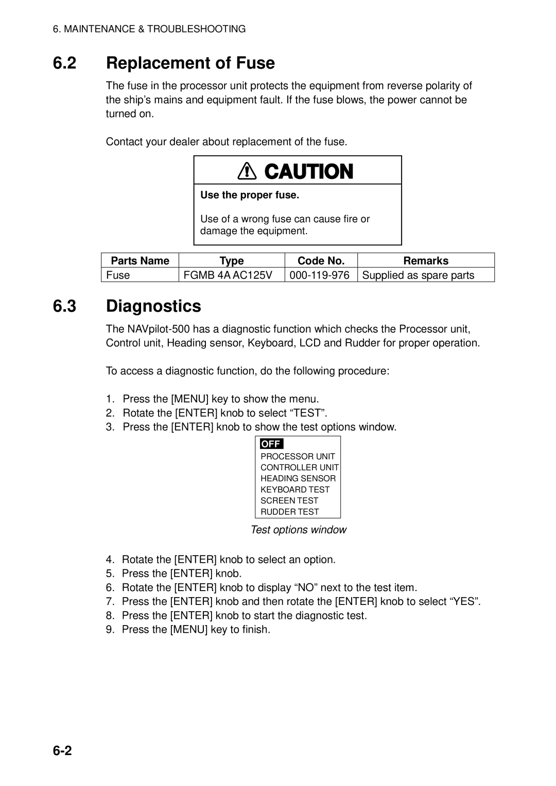 Furuno NAVpilot-500 manual Replacement of Fuse, Diagnostics, Parts Name Type Code No Remarks, Test options window 