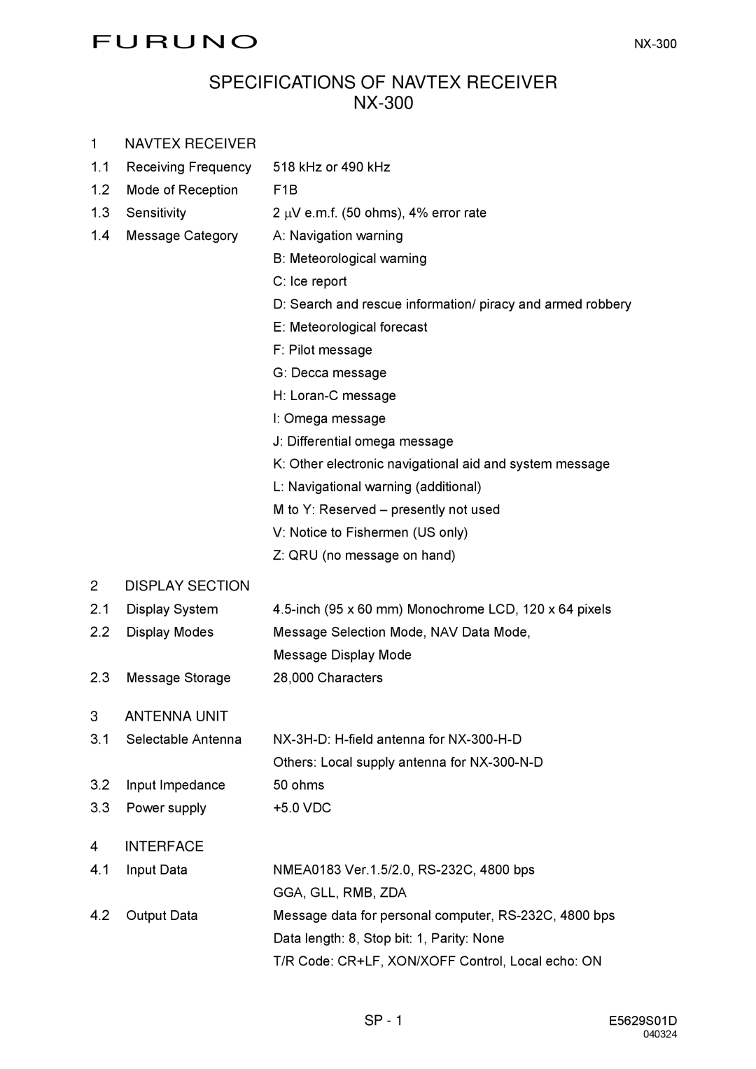 Furuno NX-300 manual Furuno Specifications of Navtex Receiver 