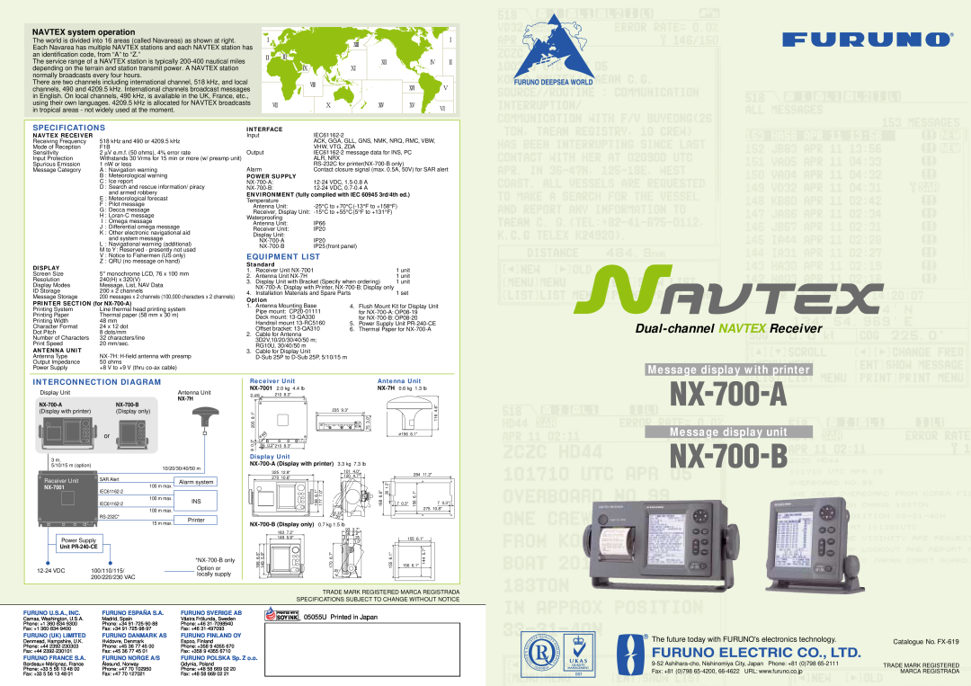 Furuno NX-700-B specifications Dual-channel NAVTEX Receiver, Message display with printer, Message display unit, NX-7001 