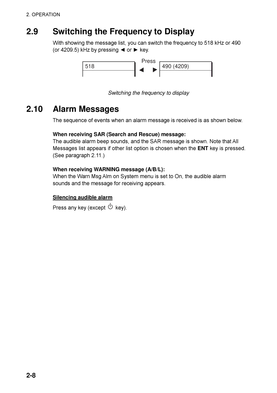 Furuno NX-700A manual Switching the Frequency to Display, Alarm Messages, Press 490 