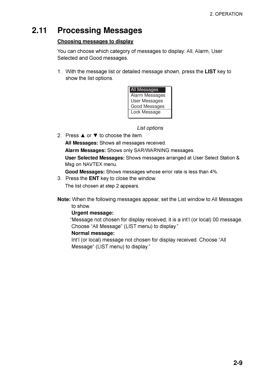 Furuno NX-700A manual Processing Messages, Choosing messages to display, List options, Urgent message, Normal message 