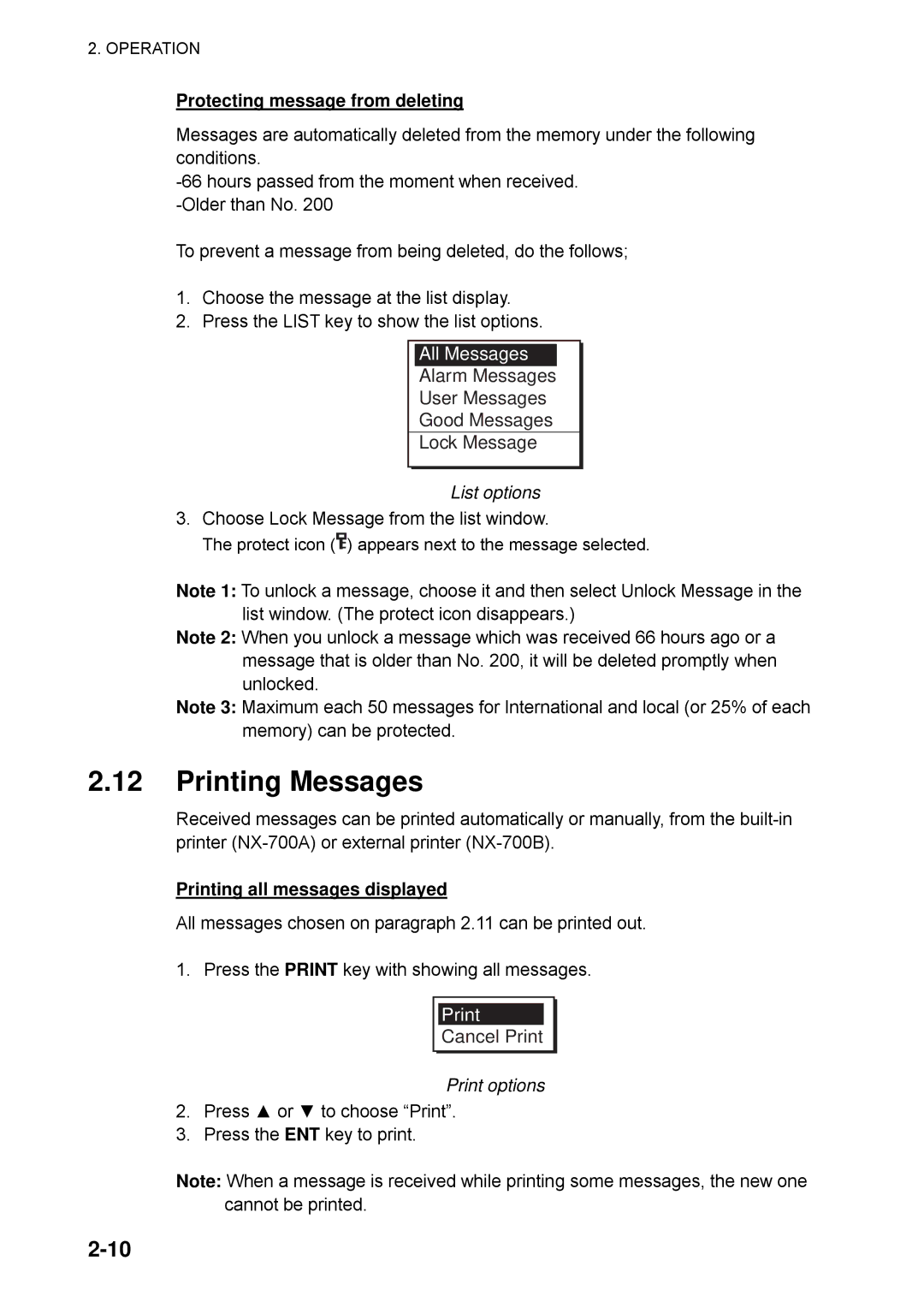 Furuno NX-700A Printing Messages, Alarm Messages User Messages Good Messages Lock Message, Printing all messages displayed 