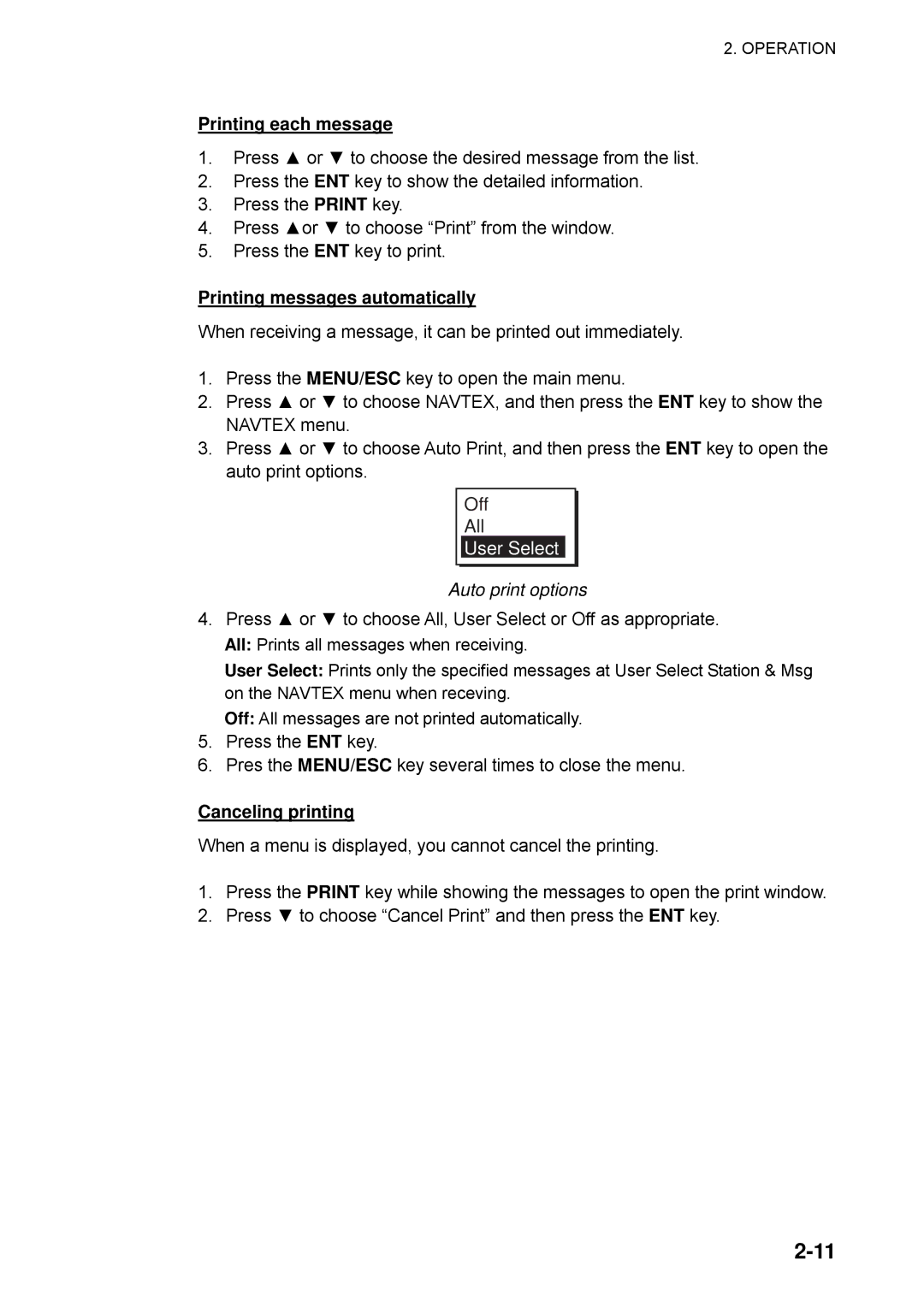 Furuno NX-700A Off All, Printing each message, Printing messages automatically, Auto print options, Canceling printing 