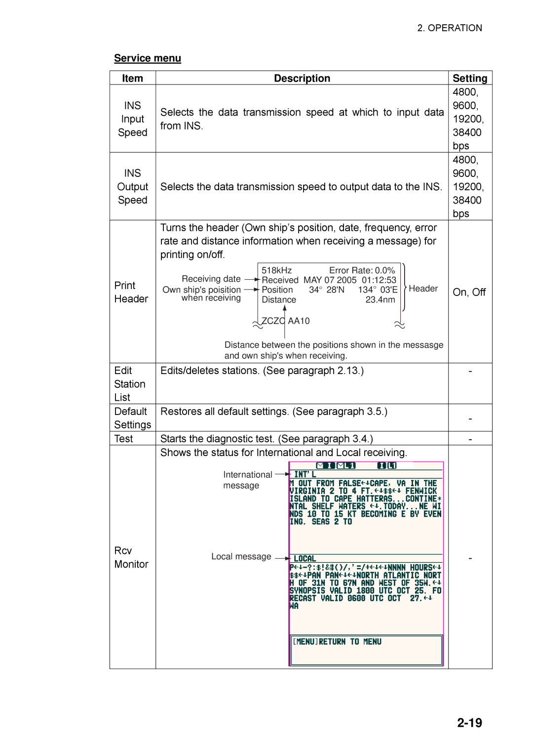 Furuno NX-700A manual Service menu Description Setting, Ins 