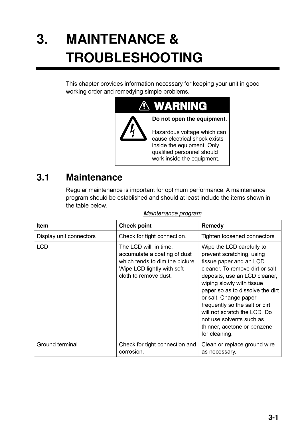 Furuno NX-700A manual Maintenance & Troubleshooting, Maintenance program, Check point Remedy 