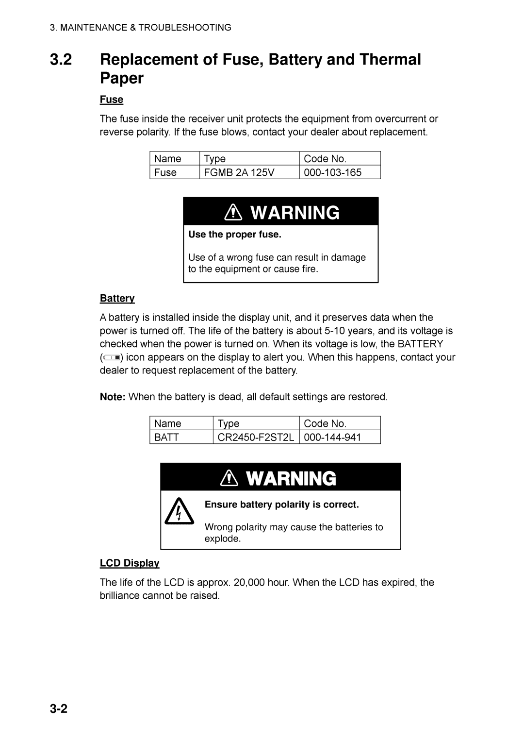 Furuno NX-700A manual Replacement of Fuse, Battery and Thermal Paper, LCD Display 