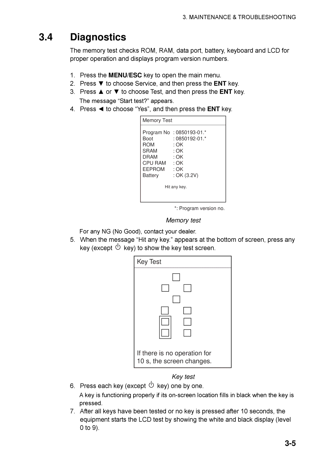 Furuno NX-700A manual Diagnostics, Memory test, Key test 