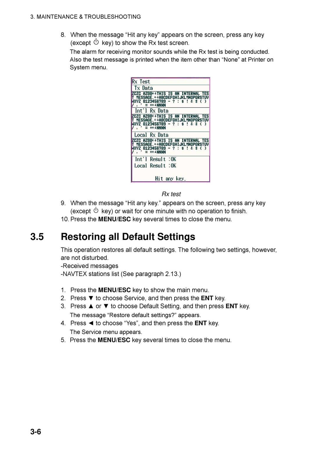 Furuno NX-700A manual Restoring all Default Settings, Rx test 