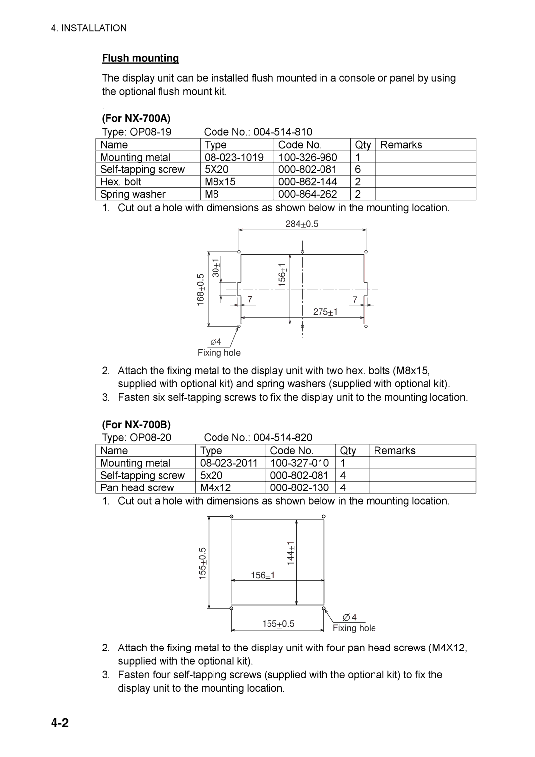 Furuno manual Flush mounting, For NX-700A, For NX-700B 