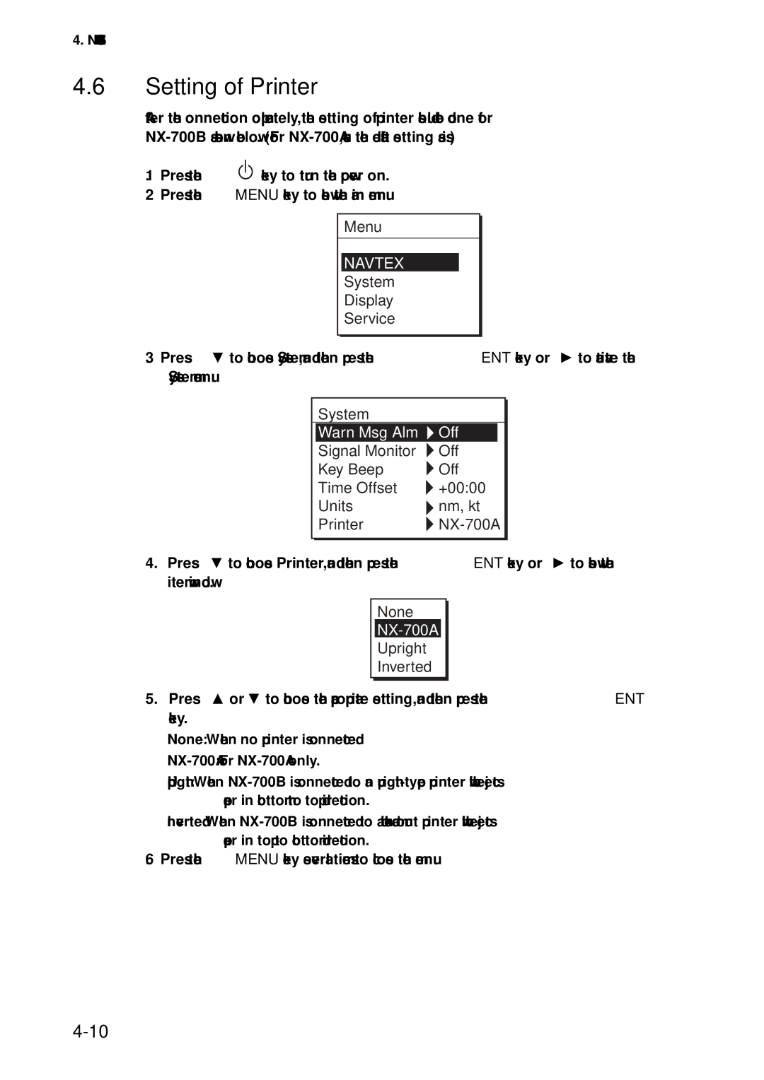 Furuno NX-700A manual Setting of Printer, System, None, Upright Inverted 