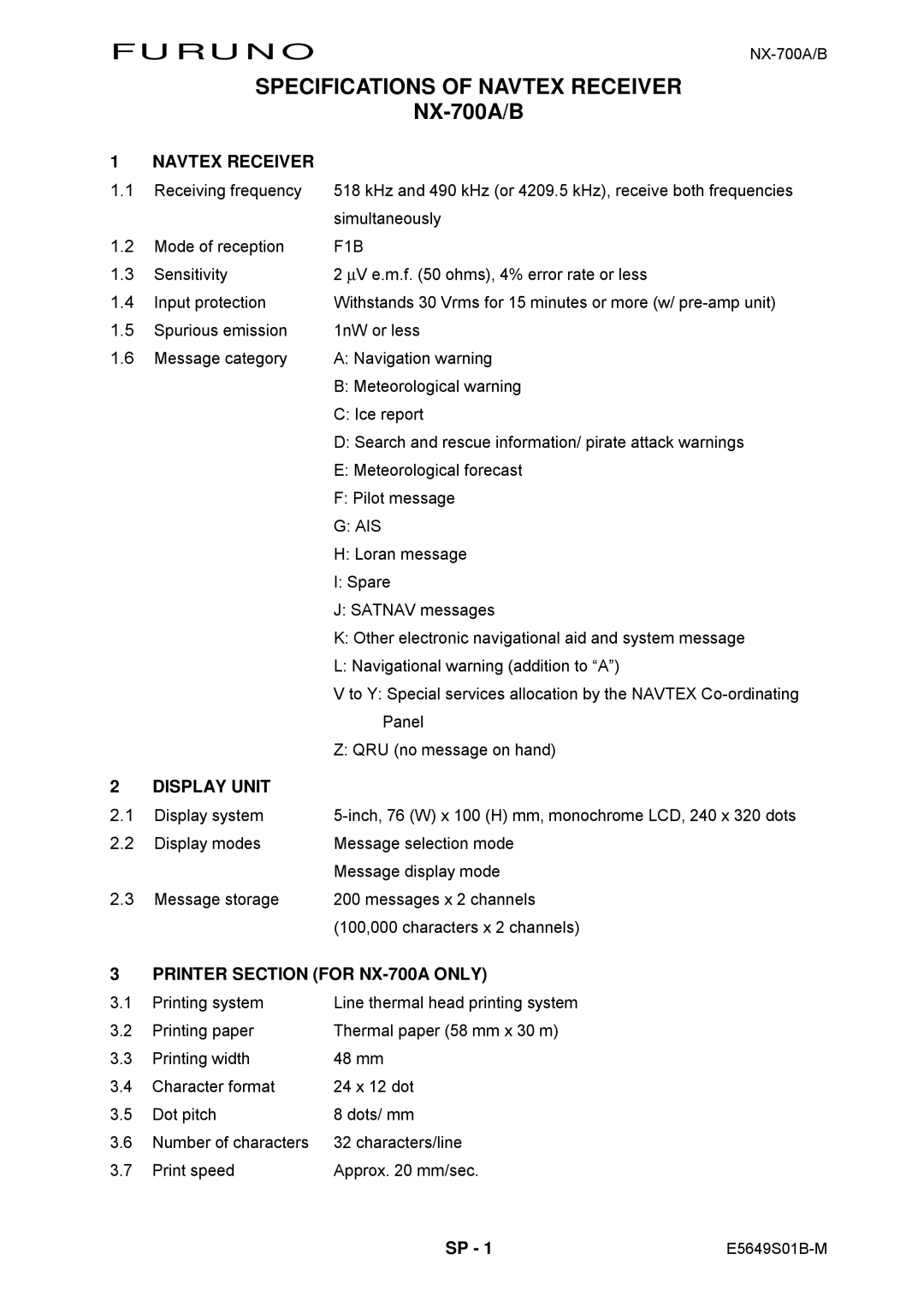 Furuno NX-700A manual Furuno Specifications of Navtex Receiver 