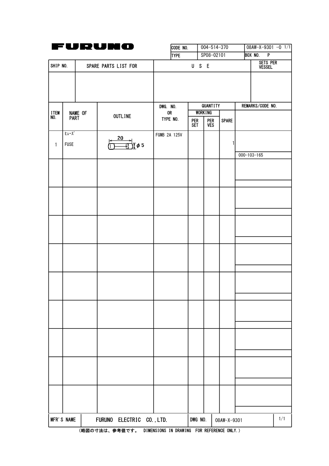 Furuno NX-700A manual Spare Parts List for 