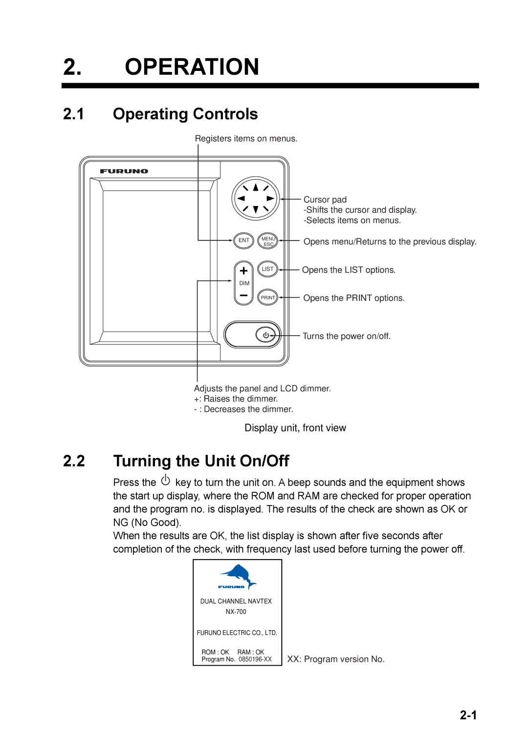 Furuno NX-700A/B manual Operation, Operating Controls, Turning the Unit On/Off, Display unit, front view 