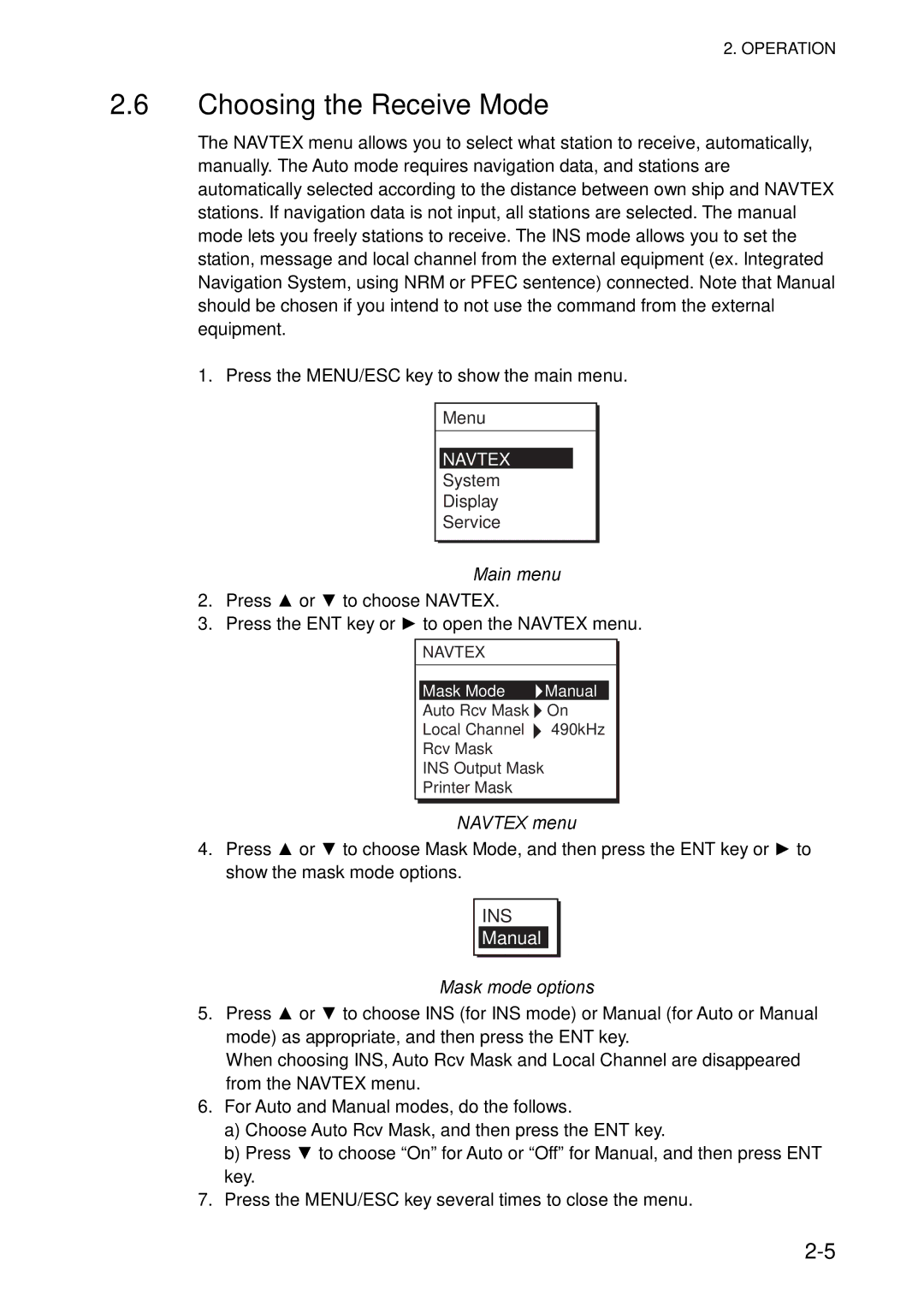 Furuno NX-700A/B manual Choosing the Receive Mode, Main menu, Navtex menu, Mask mode options 