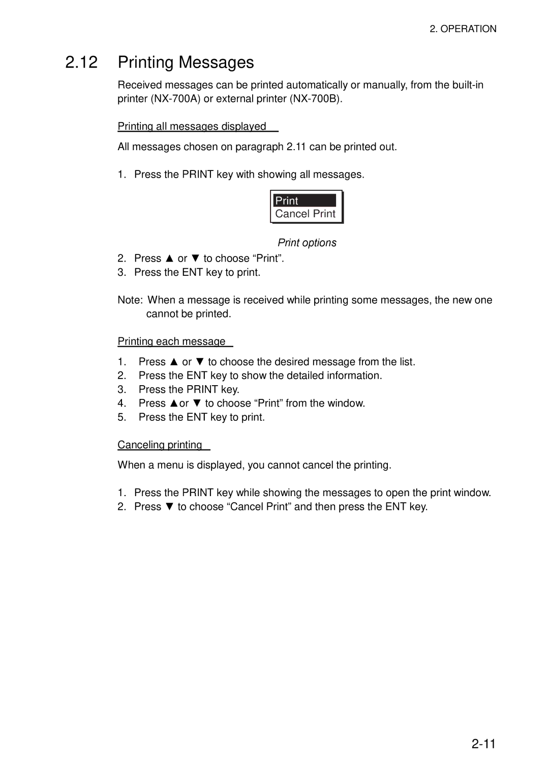 Furuno NX-700A/B manual Printing Messages, Printing all messages displayed, Print options, Printing each message 