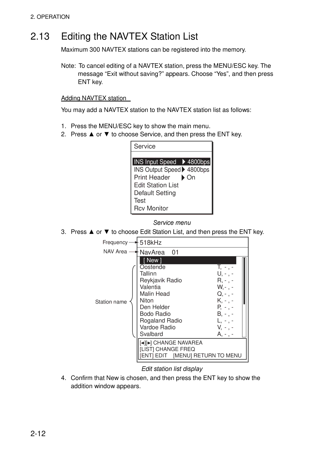 Furuno NX-700A/B manual Editing the Navtex Station List, Adding Navtex station, Service menu, Edit station list display 