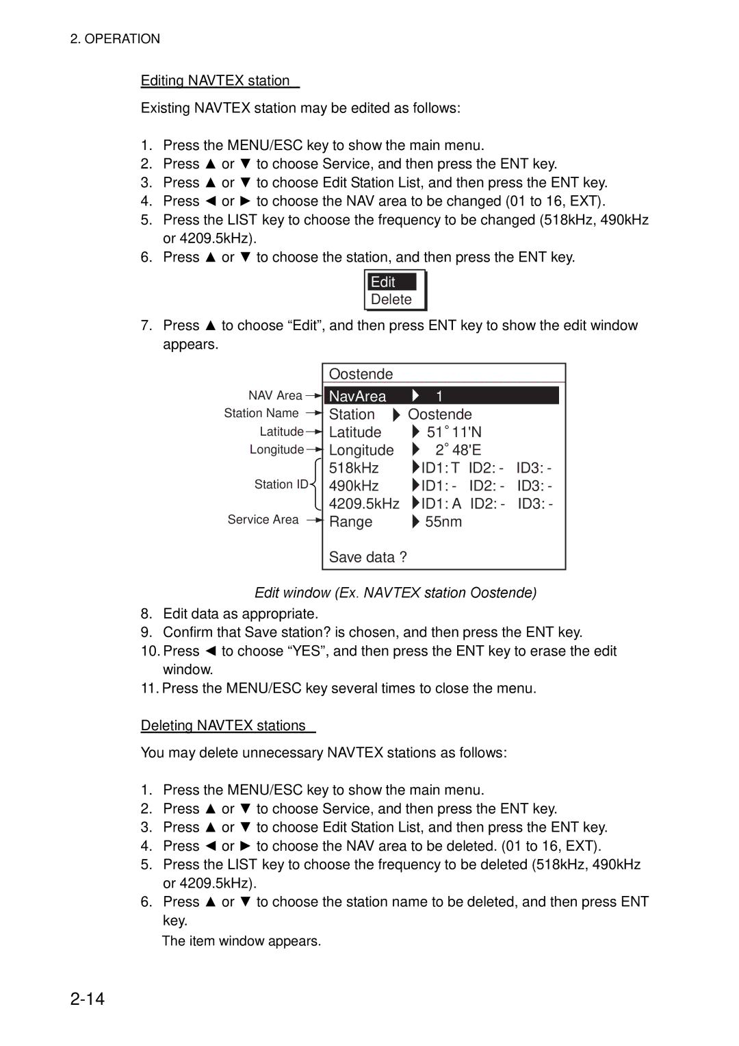 Furuno NX-700A/B manual Editing Navtex station, Edit window Ex. Navtex station Oostende, Deleting Navtex stations 