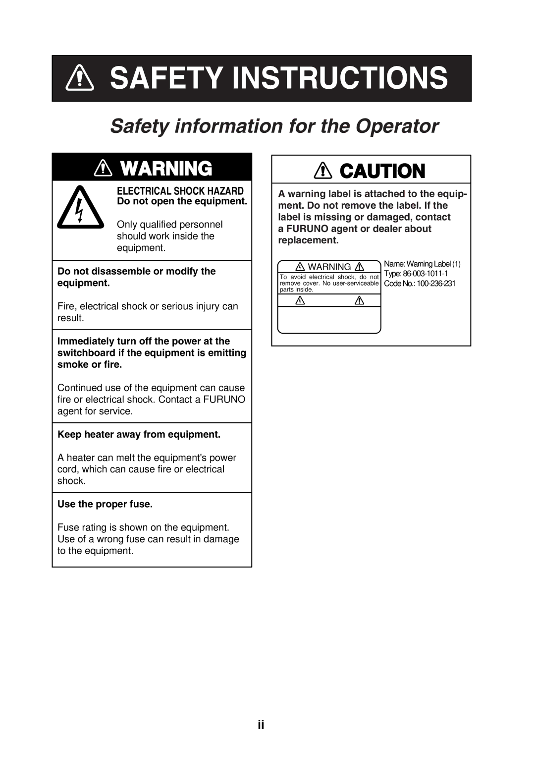 Furuno NX-700A/B manual Safety Instructions 