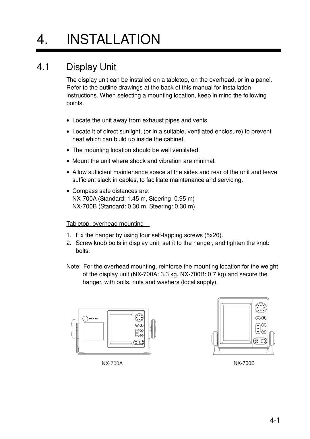 Furuno NX-700A/B manual Installation, Display Unit, Tabletop, overhead mounting 