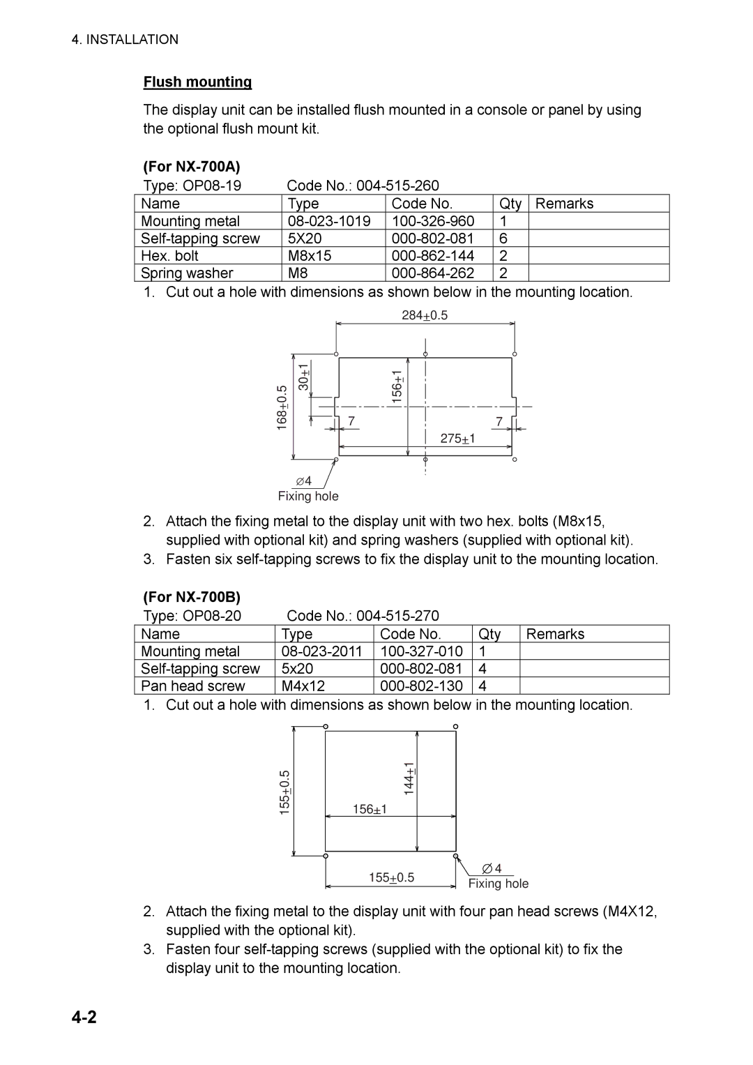 Furuno NX-700A/B manual Flush mounting, For NX-700A, For NX-700B 