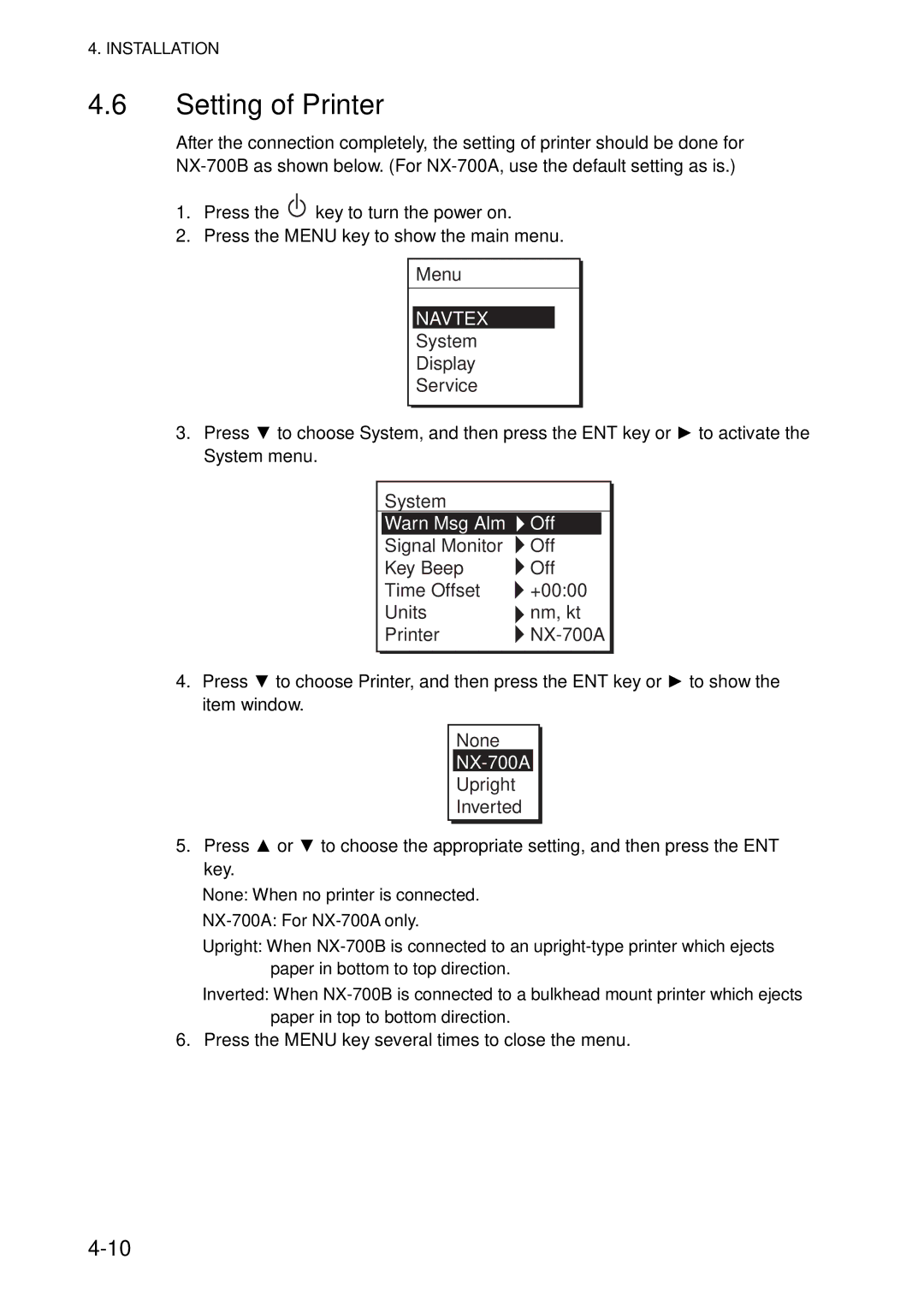 Furuno NX-700A/B manual Setting of Printer, Navtex 