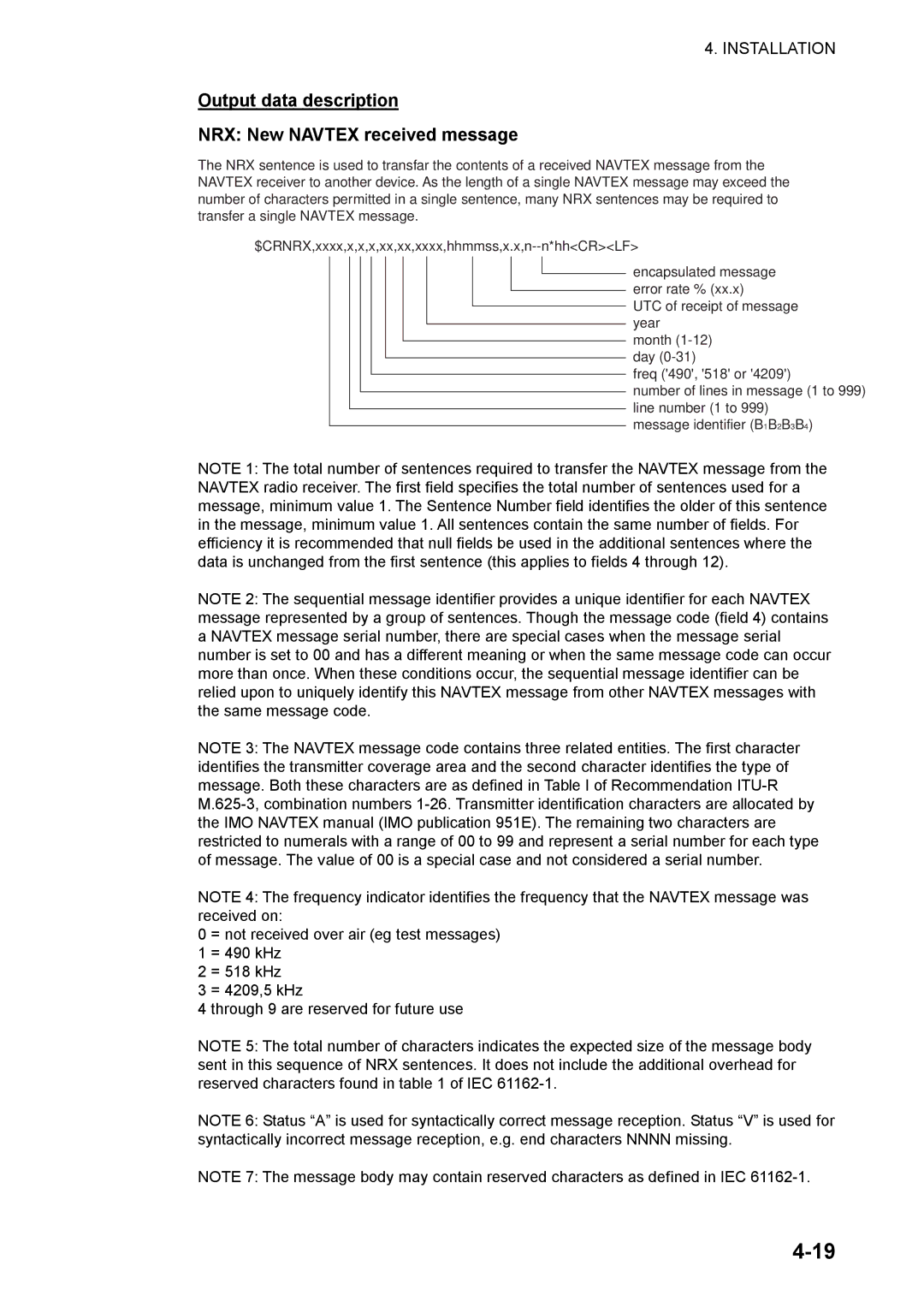 Furuno NX-700A/B manual Output data description NRX New Navtex received message 