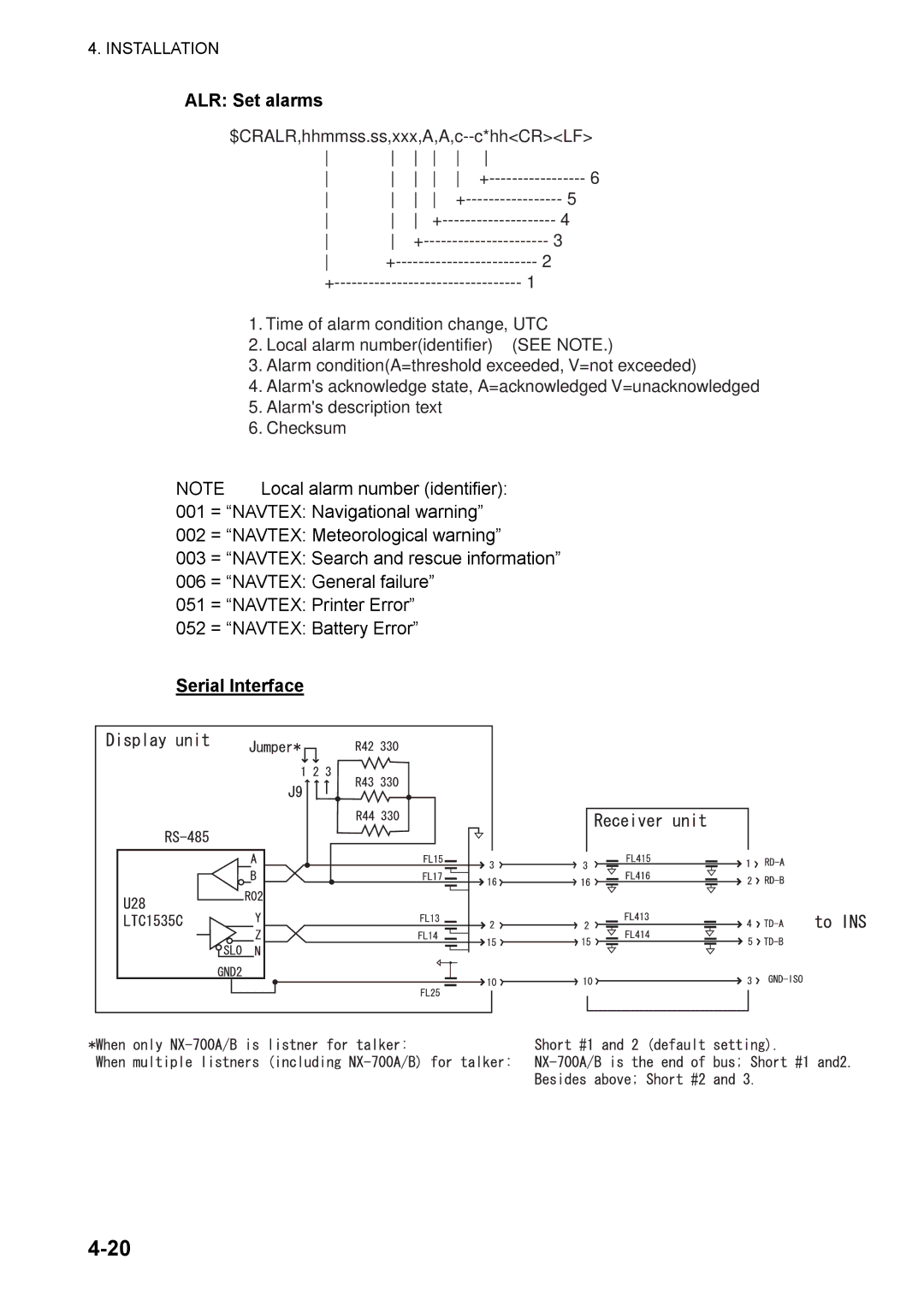 Furuno NX-700A/B manual ALR Set alarms, Serial Interface 