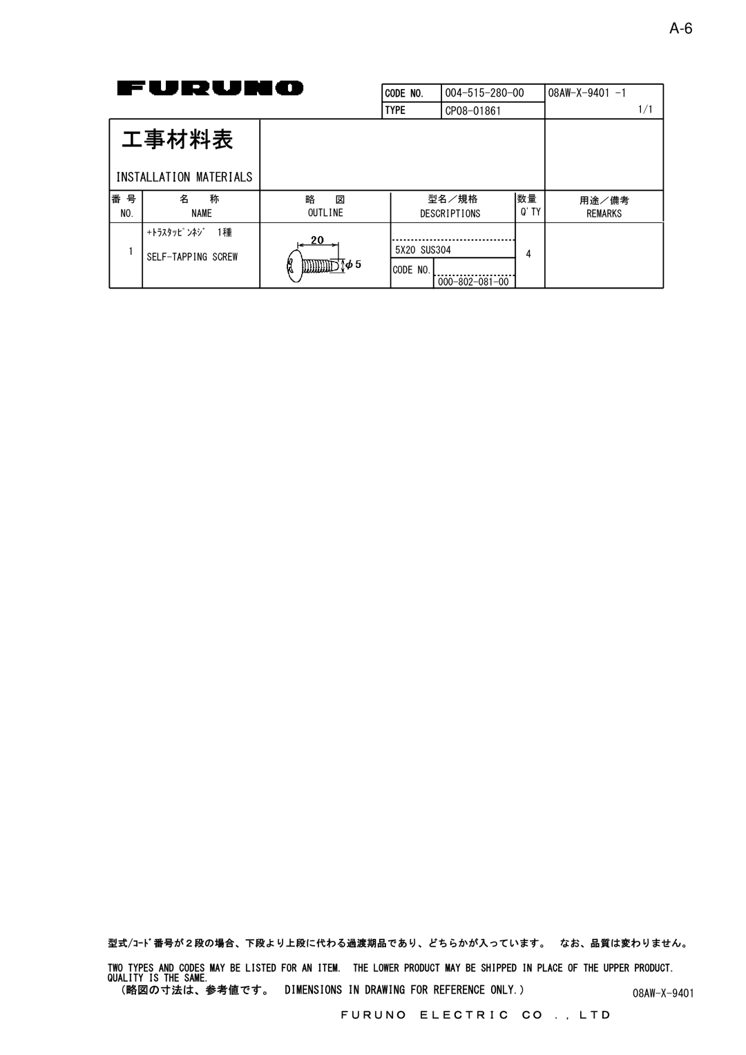 Furuno NX-700A/B manual 工事材料表 