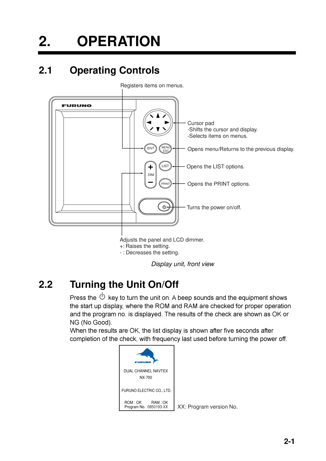 Furuno NX-700B manual Operation, Operating Controls, Turning the Unit On/Off, Display unit, front view 