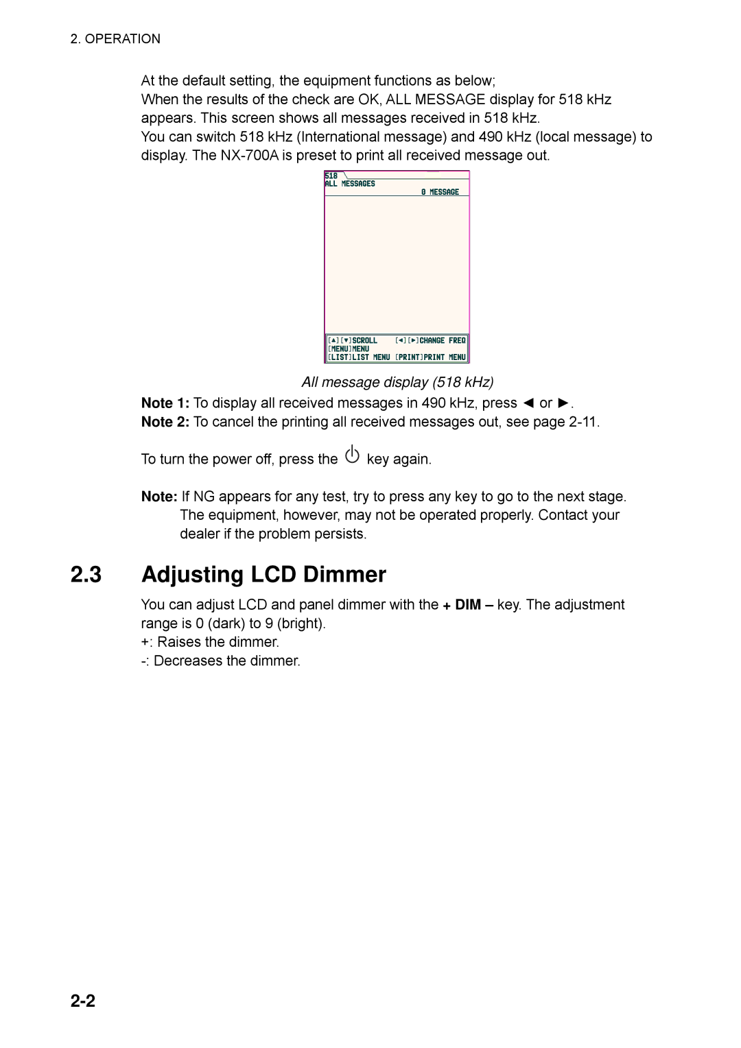 Furuno NX-700B manual Adjusting LCD Dimmer, All message display 518 kHz 