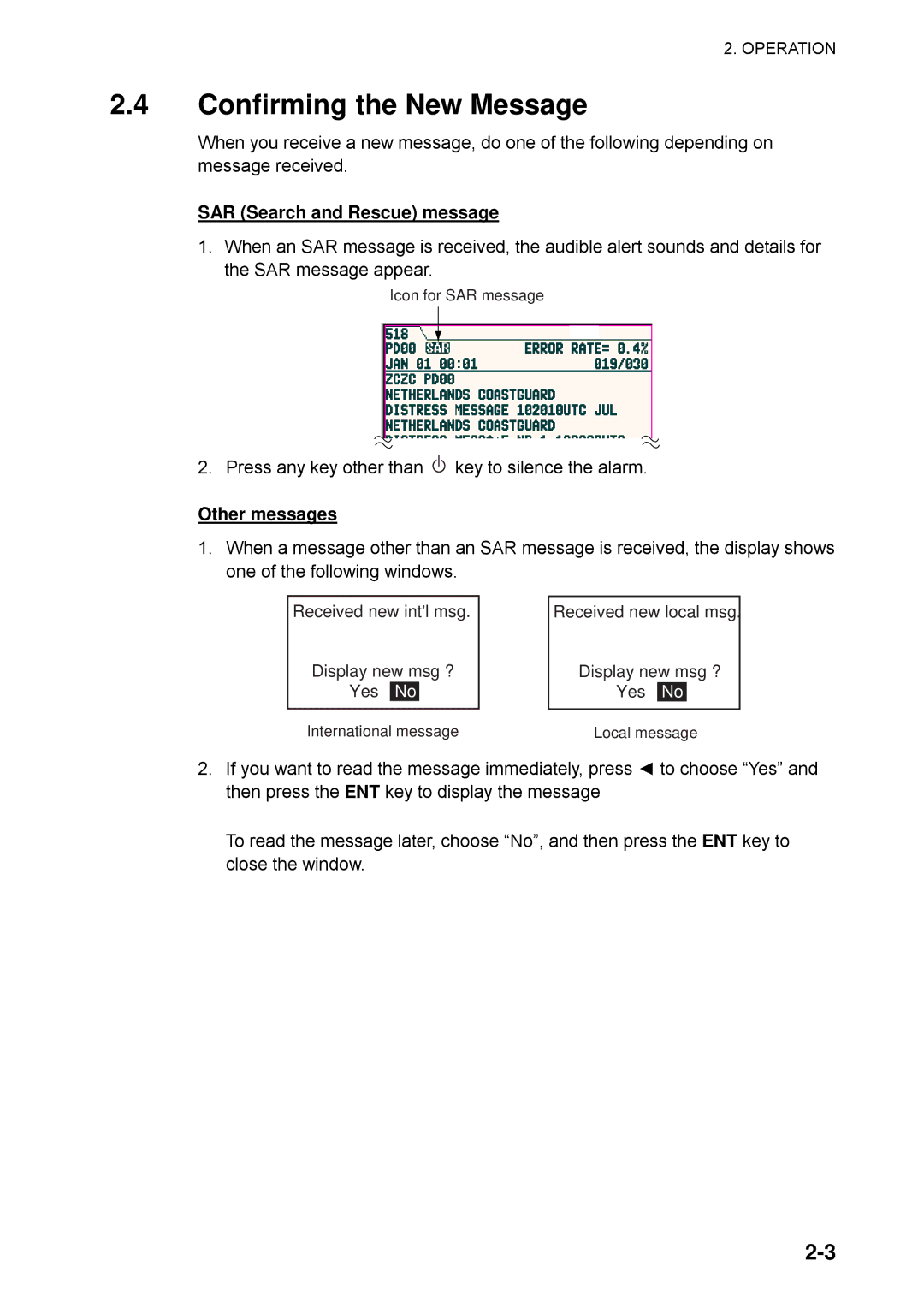 Furuno NX-700B manual Confirming the New Message, SAR Search and Rescue message, Other messages 