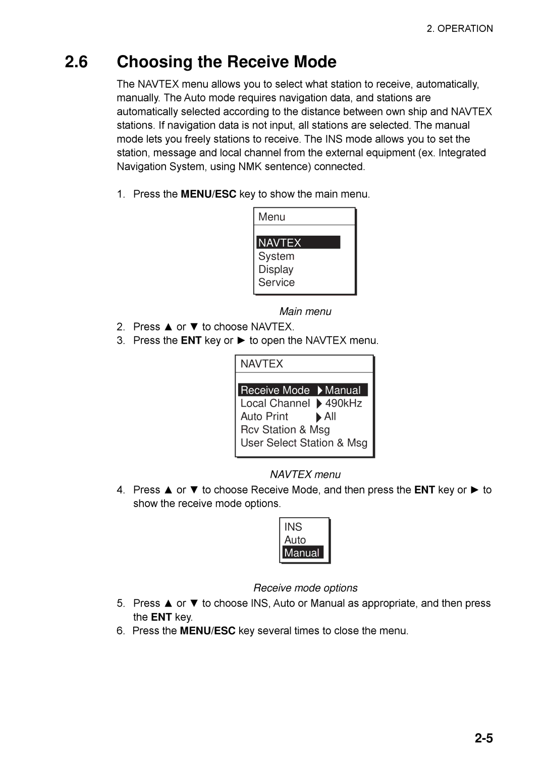 Furuno NX-700B manual Choosing the Receive Mode, Menu, System Display Service, Auto 