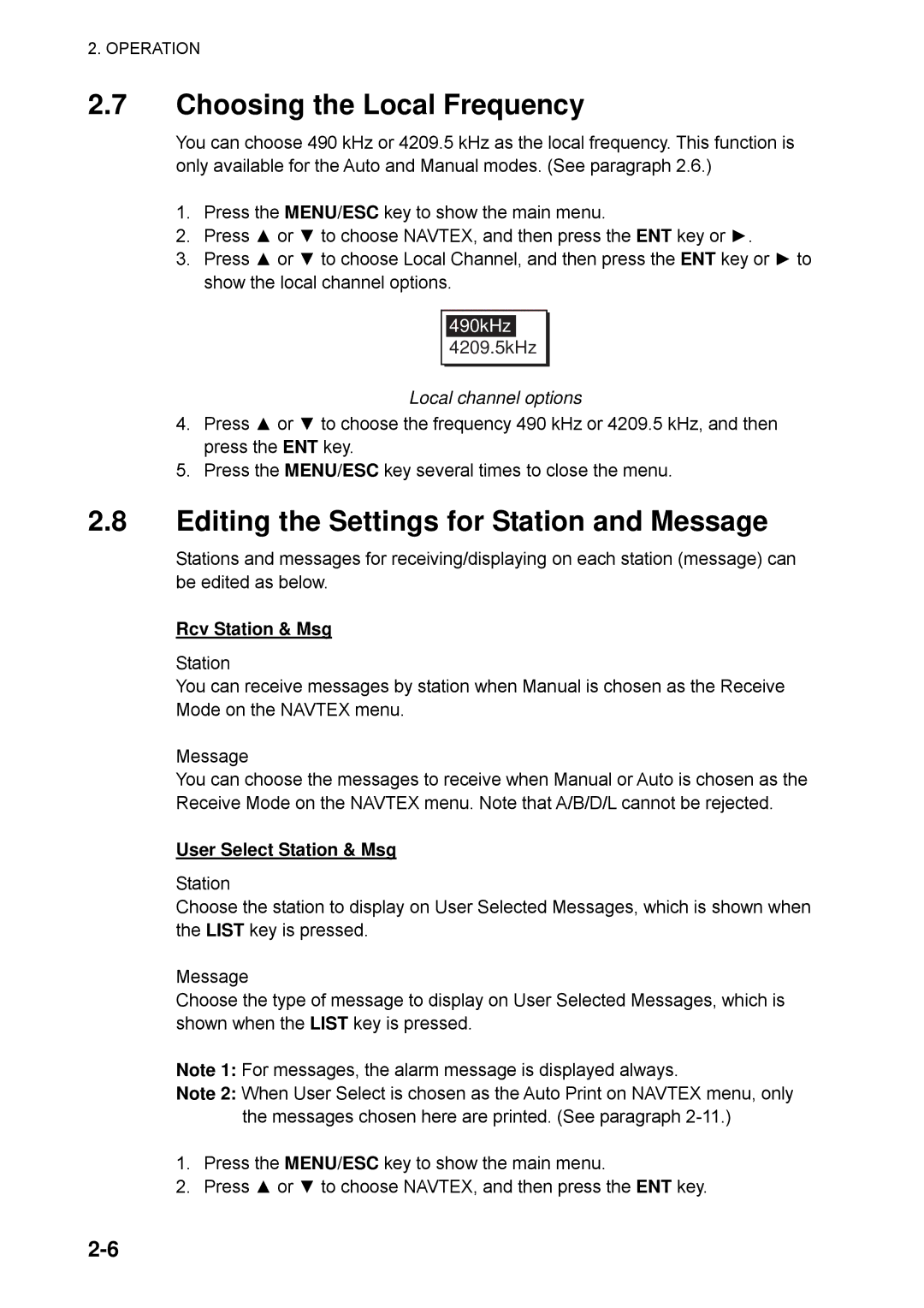 Furuno NX-700B manual Choosing the Local Frequency, Editing the Settings for Station and Message, Local channel options 