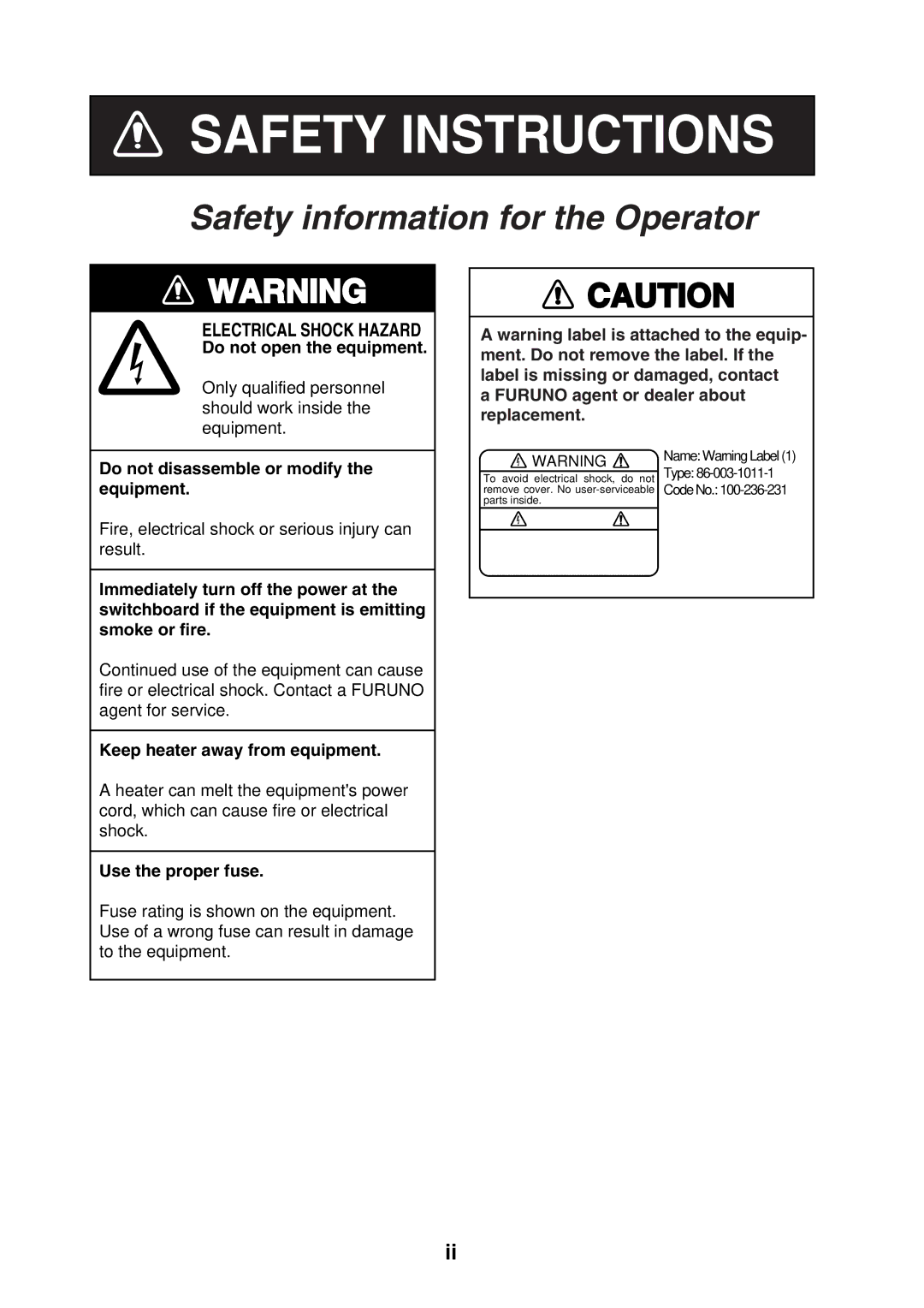 Furuno NX-700B manual Safety Instructions 