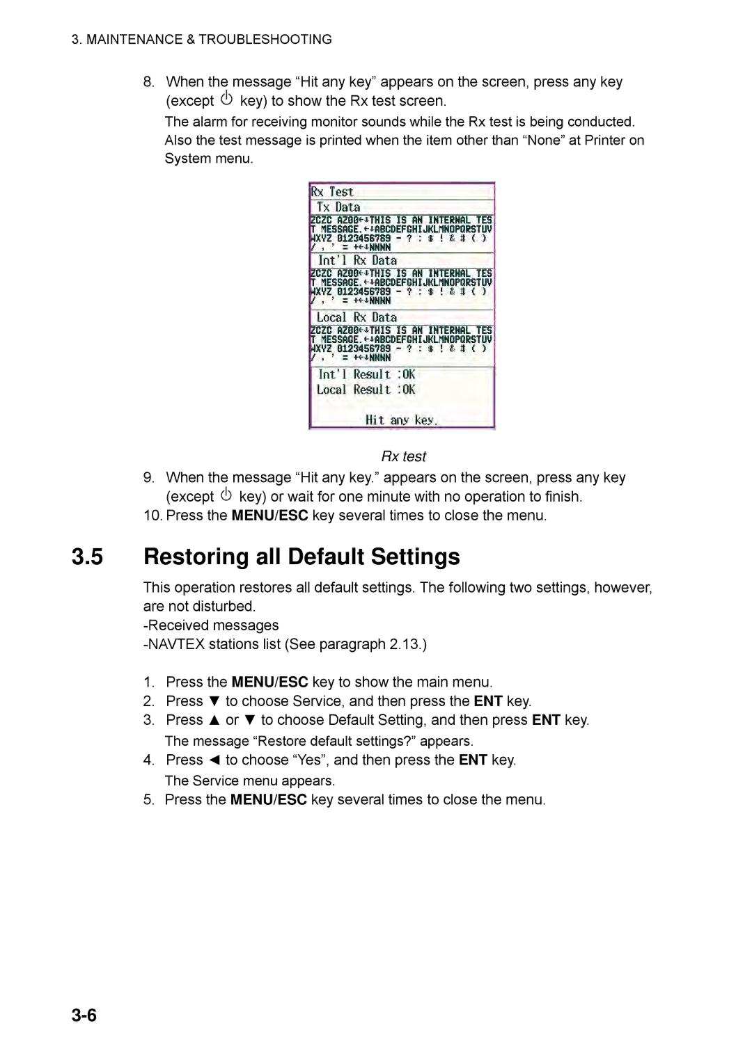 Furuno NX-700B manual Restoring all Default Settings, Rx test 