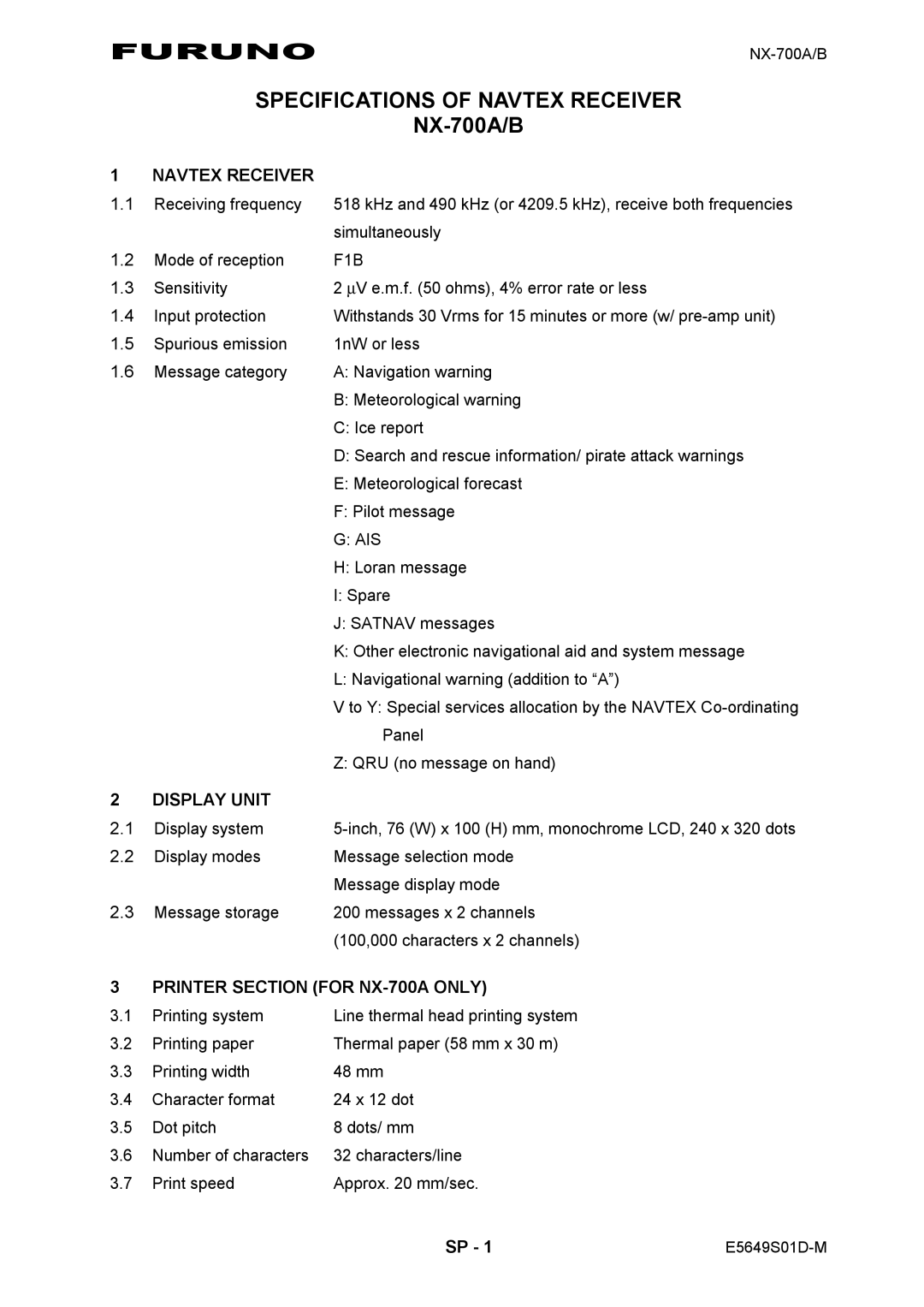 Furuno NX-700B manual Furuno Specifications of Navtex Receiver 