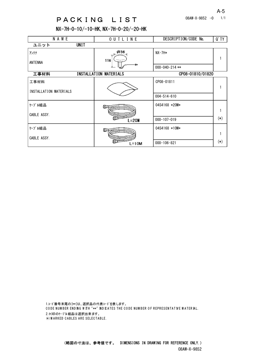 Furuno NX-700B manual NX-7H-0-10/-10-HK,NX-7H-0-20/-20-HK 