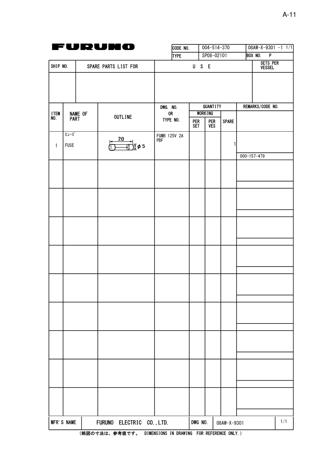 Furuno NX-700B manual Spare Parts List for 