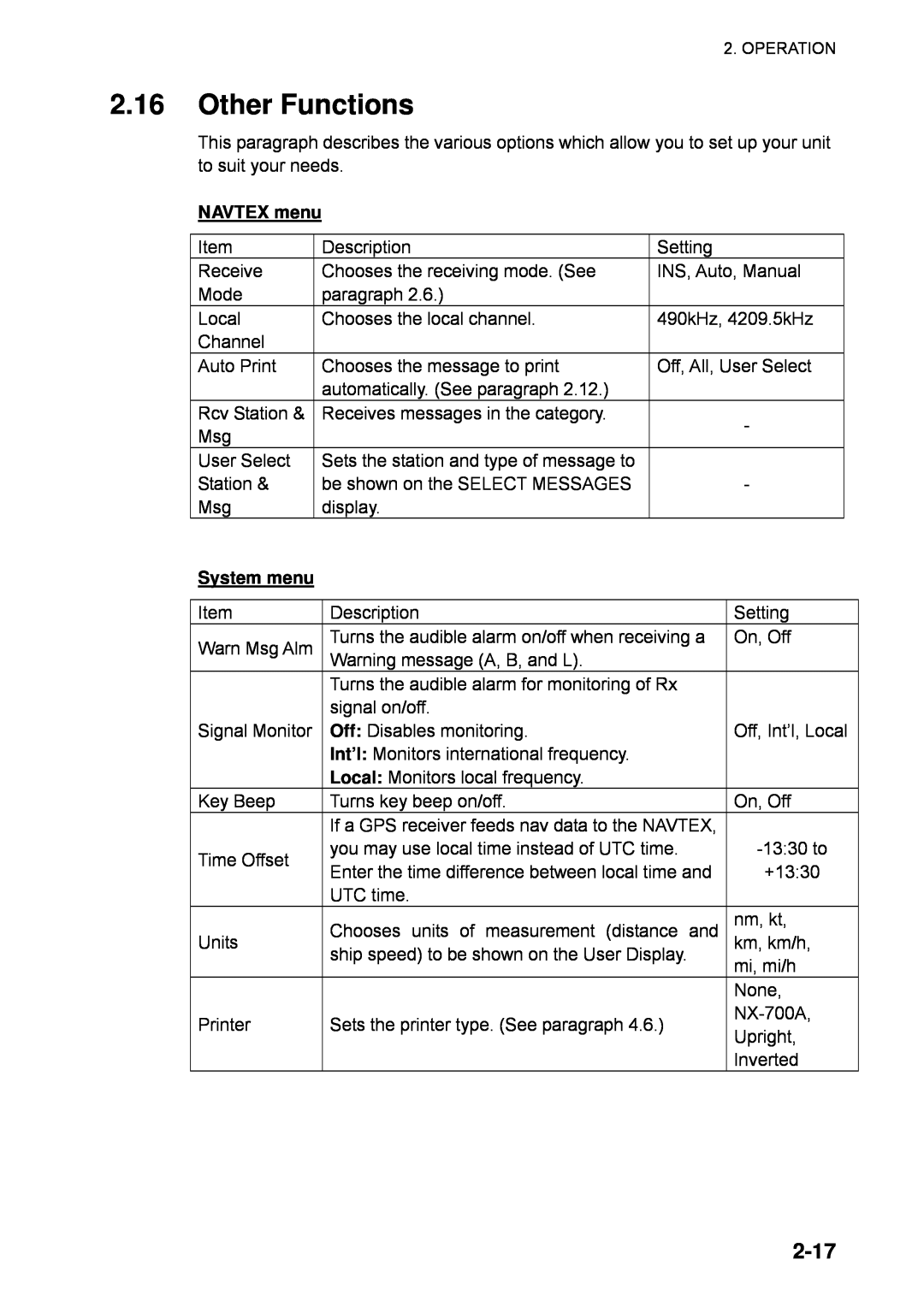 Furuno NX-700B manual 2.16Other Functions, 2-17, NAVTEX menu, System menu 