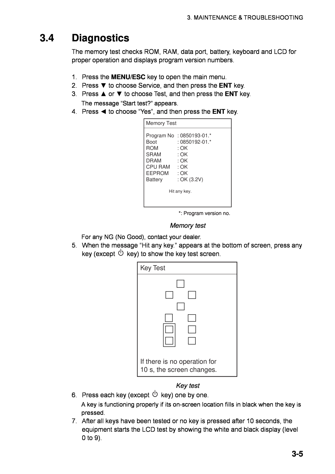 Furuno NX-700B manual 3.4Diagnostics, Key Test, Memory test, Key test 